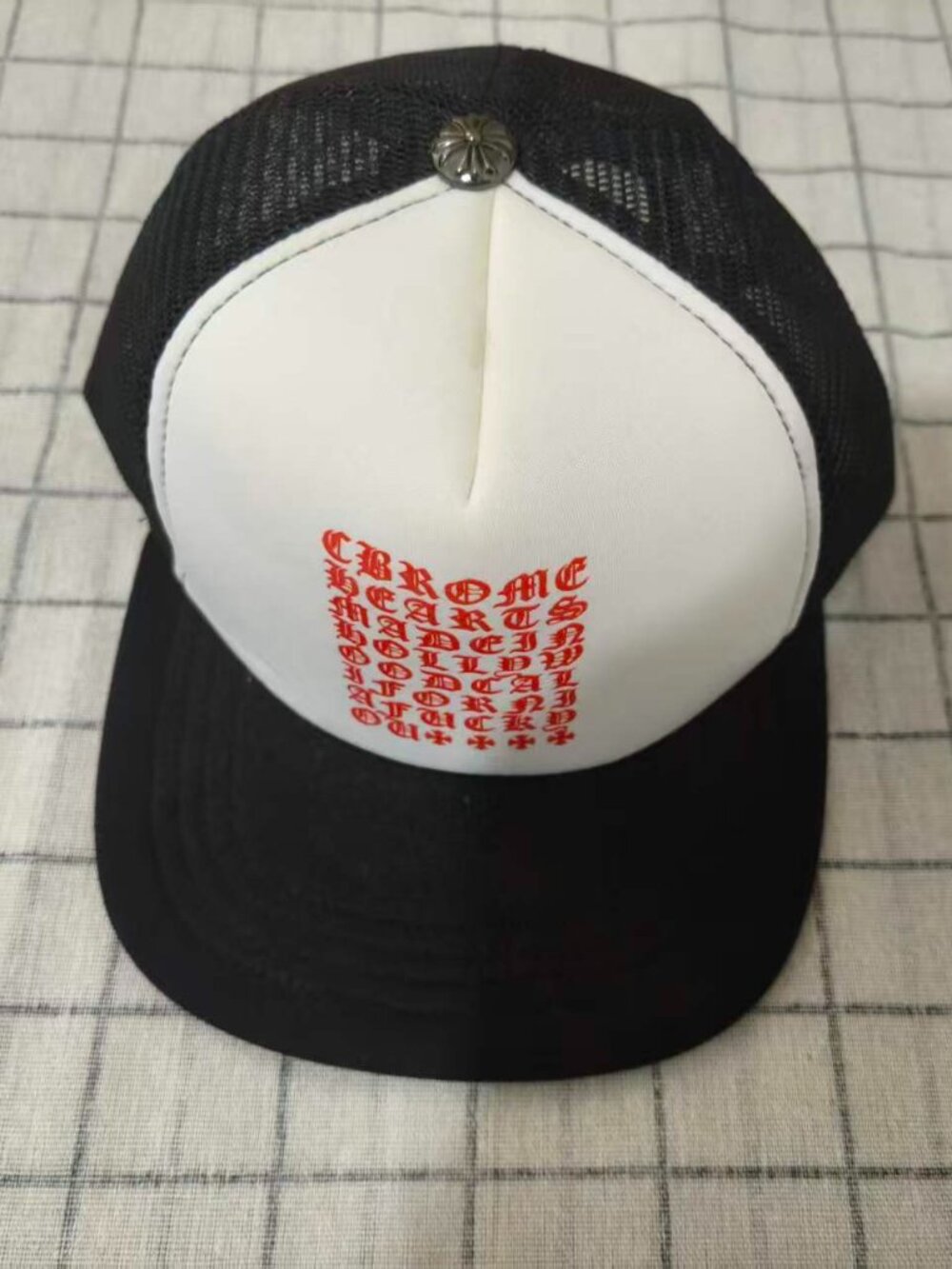 Chrome Hearts Trucker Hat Black White Mesh Cap Red Gothic Text Logo Adjustable